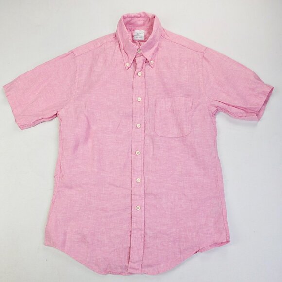 Brooks Brothers Size Medium Pink All Irish Linen Short Sleeve Button Down Shirt - Picture 1 of 10